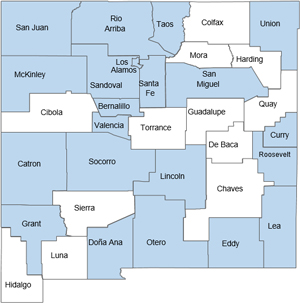 Map of New Mexico showing the areas of the state which the older adult falls prevention program has expanded to.