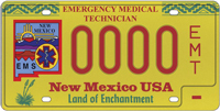 Special license plates for emergency medical technicians that has the New Mexico emergency medical services logo on the left.