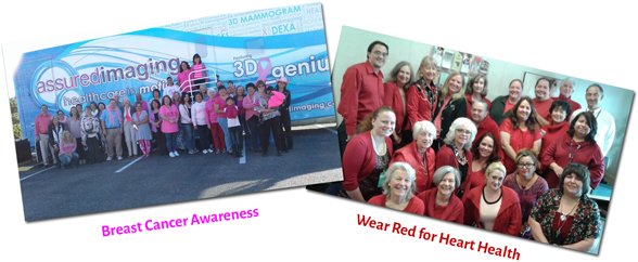 Two photographs showing the family health bureau staff supporting breast cancer awareness and wear red for heart health initiatives.