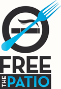Logo for the free patio of a cigarette in a circle with a fork crossing over it.