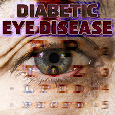 Close up photo of a human eye with reading chart superimposed across the top.